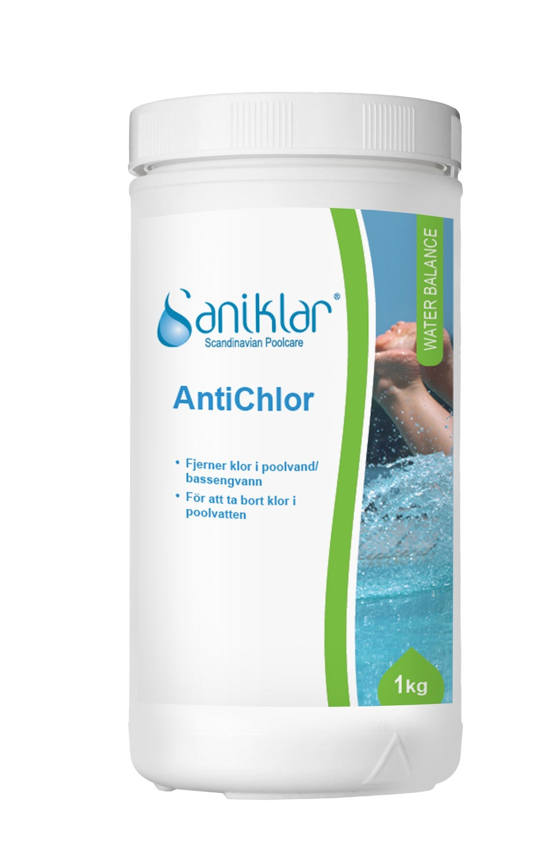 Saniklar AntiChlor. Senker klor/brom verdien i vannet ved overdosering. 1 kg