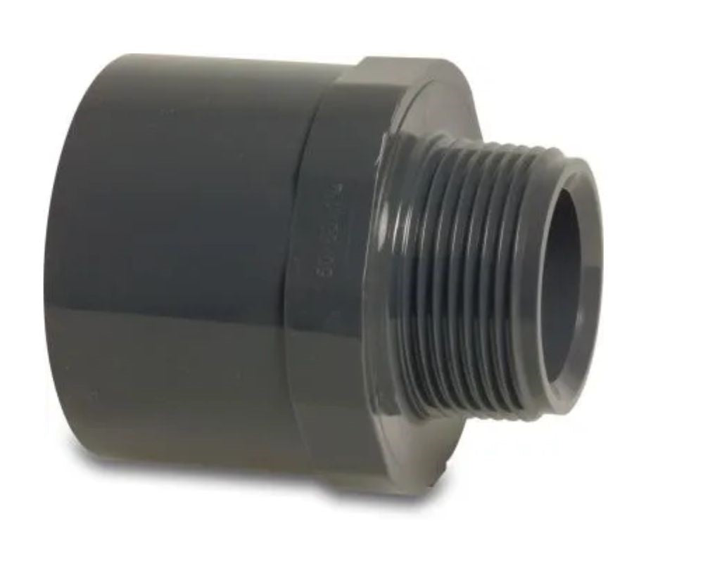 PVC-U overgangsnippel med limmuffe og utvendig gjenger. Fra 25 mm - 63 mm