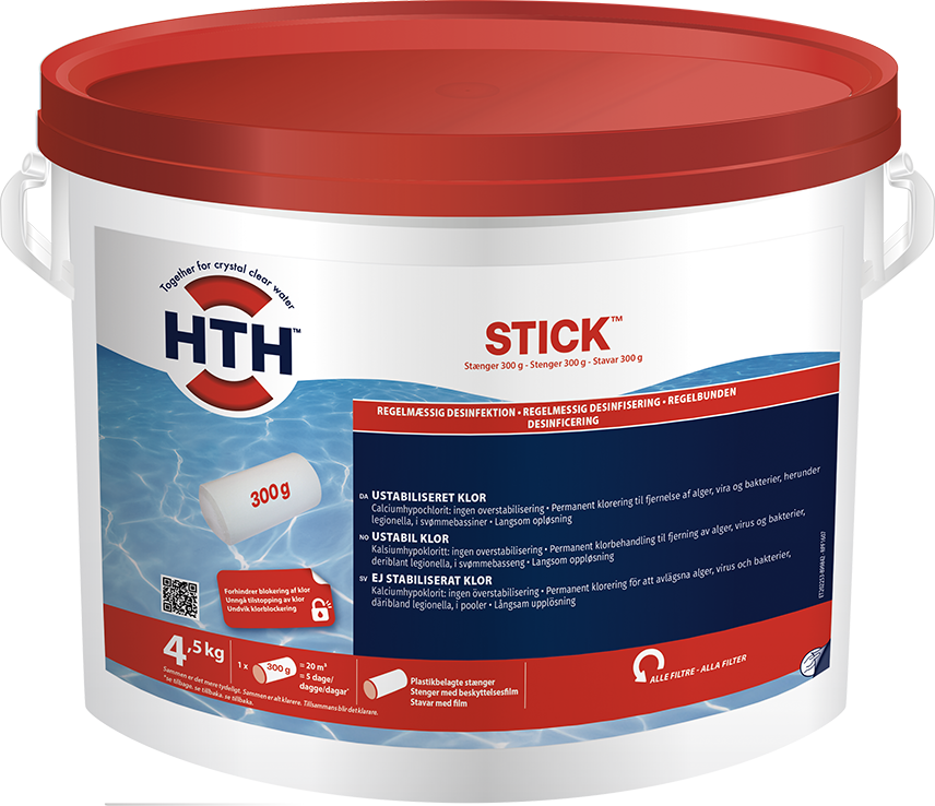 HTH Tempo stick, klortabletter med aktivt ustabilisert klor på 64%. 4.5 kg spann