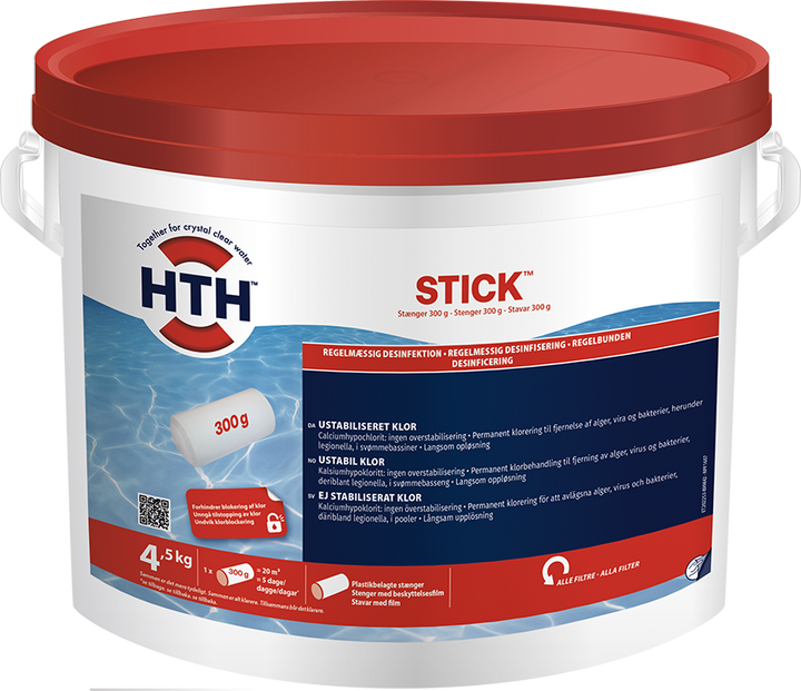 HTH Tempo stick, klortabletter med aktivt ustabilisert klor på 64%. 4.5 kg spann