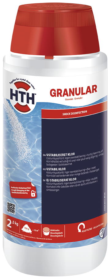 HTH klorpulver/granulat. Aktivt ustabilisert klor 65% 2,5 kg (ny forpakning!)