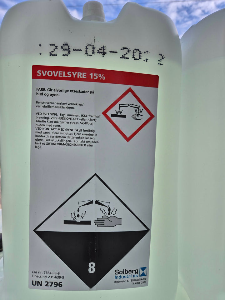 pH minus. Svovelsyre ( Batteri syre ) 15% / 25 L kanne