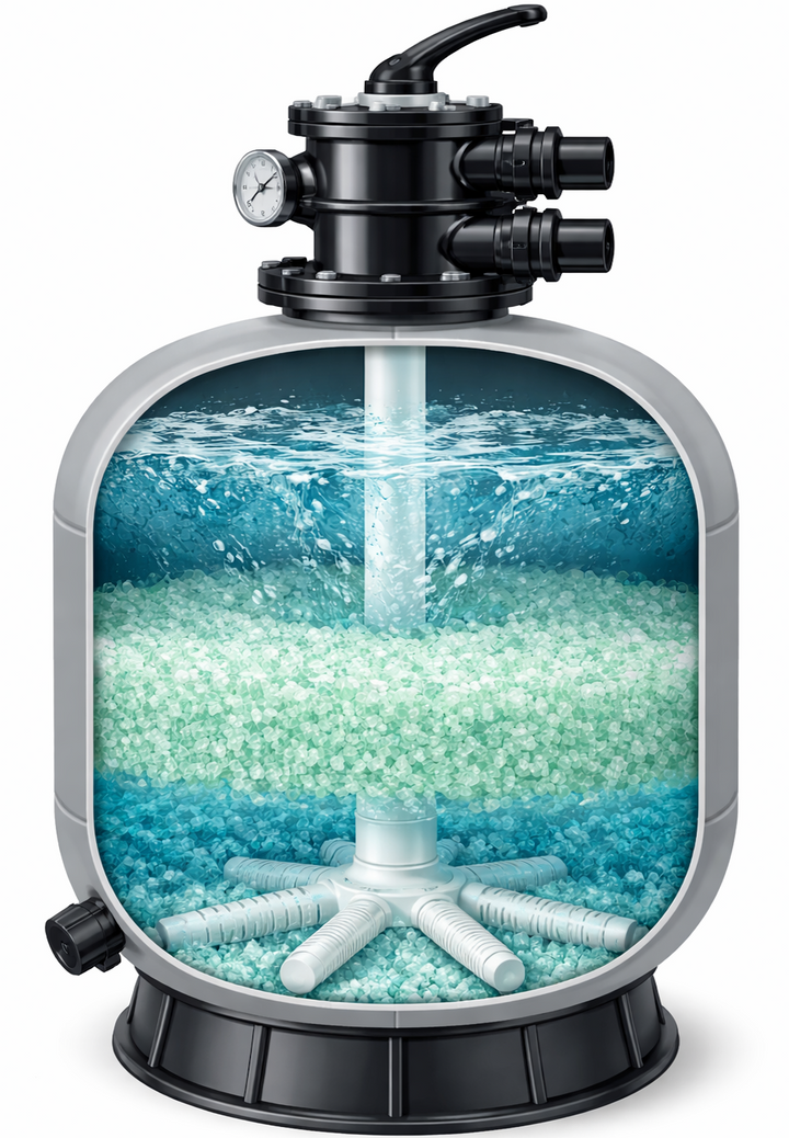 EcoPure® Filterglass. Resirkulert  glass i 3 ulike graderinger/størrelser. 20 kg sekk