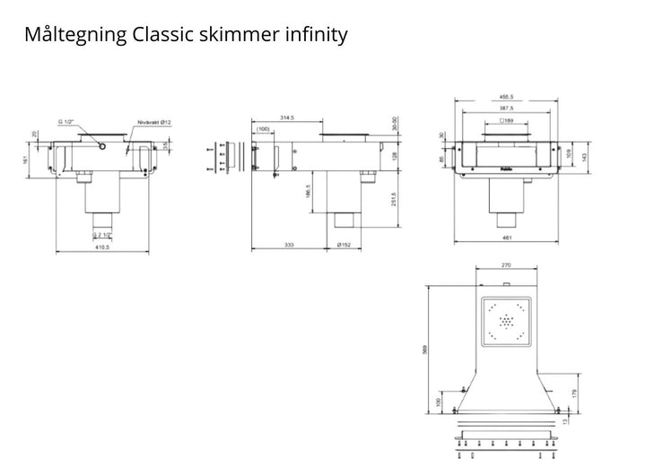 Skimmer i syrefast stål. Infinity modell. For vannstand med evighetsbassengeffekt. For støpte/bygde basseng.