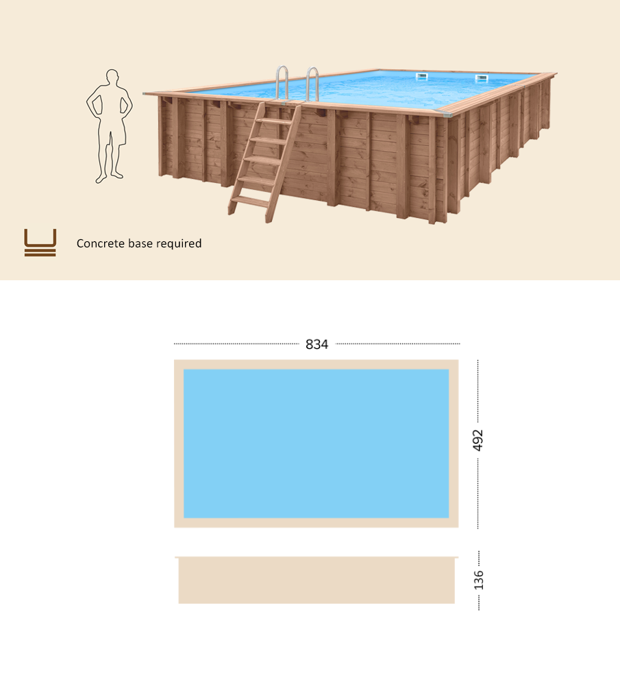 Abatec "Pearl of South". Komplett trebasseng | Rektangulært | Utv. mål 834x492x138 cm. 40 m³