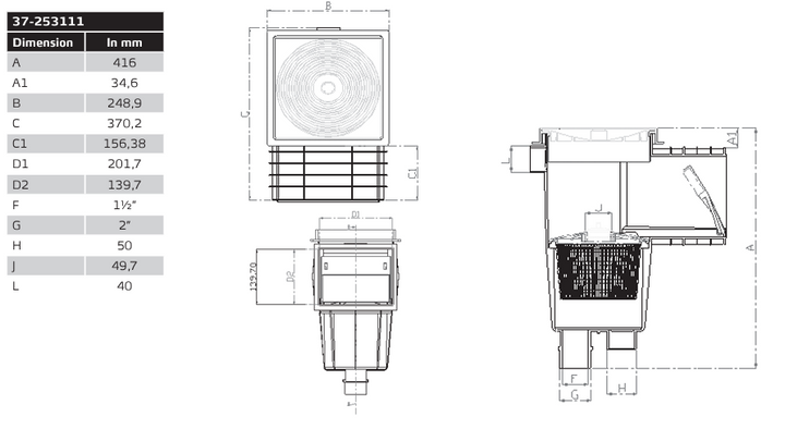 Skimmer standard, i ABS plast. For basseng med duk. Komplett kit